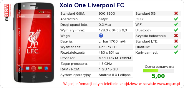 Dane telefonu Xolo One Liverpool FC Dane telefonu Xolo One Liverpool FC