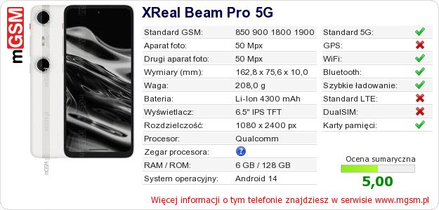 Dane telefonu XReal Beam Pro 5G