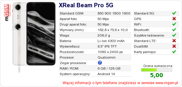 Dane telefonu XReal Beam Pro 5G