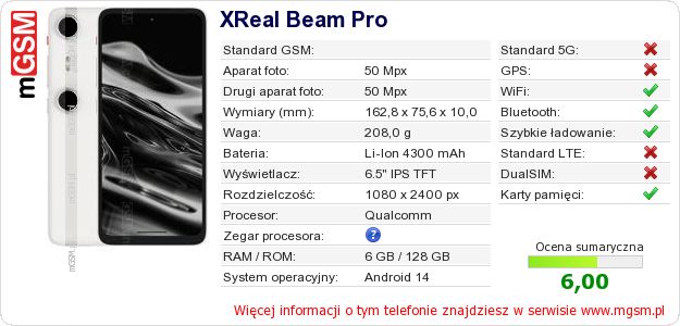 Dane telefonu XReal Beam Pro