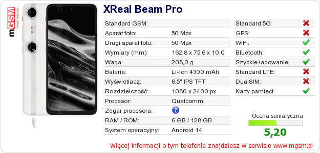 Dane telefonu XReal Beam Pro