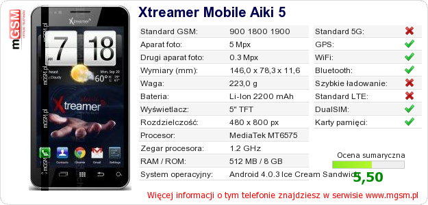 Dane telefonu Xtreamer Mobile Aiki 5 Dane telefonu Xtreamer Mobile Aiki 5