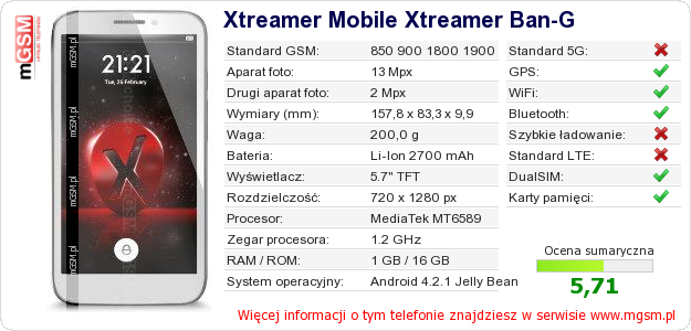 Dane telefonu Xtreamer Mobile Xtreamer Ban-G