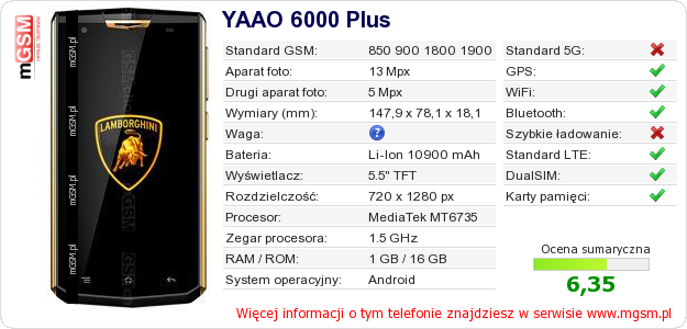 Dane telefonu YAAO 6000 Plus