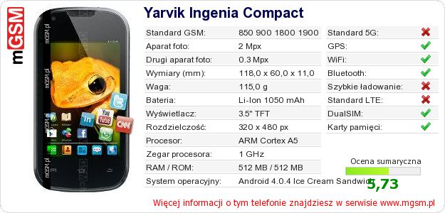 Dane telefonu Yarvik Ingenia Compact Dane telefonu Yarvik Ingenia Compact