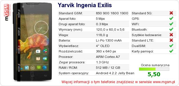 Dane telefonu Yarvik Ingenia Exilis