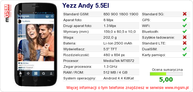 Dane telefonu Yezz Andy 5.5EI