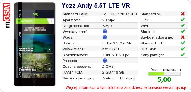 Dane telefonu Yezz Andy 5.5T LTE VR