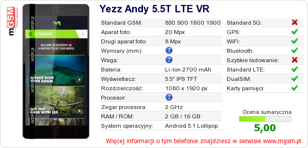 Dane telefonu Yezz Andy 5.5T LTE VR