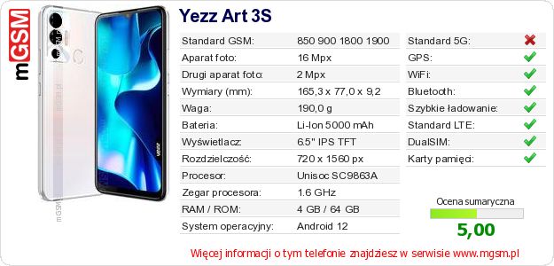 Dane telefonu Yezz Art 3S Dane telefonu Yezz Art 3S