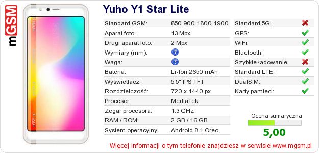 Dane telefonu Yuho Y1 Star Lite