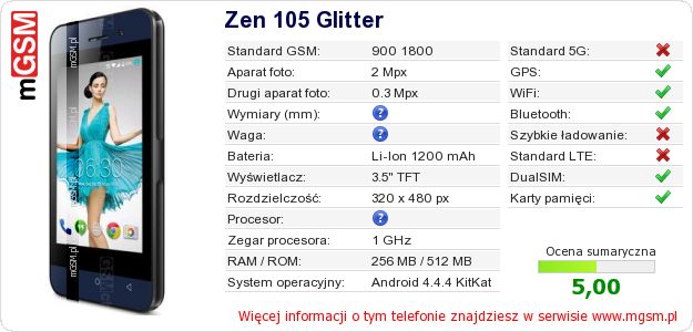 Dane telefonu Zen 105 Glitter