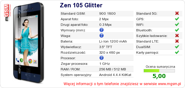 Dane telefonu Zen 105 Glitter