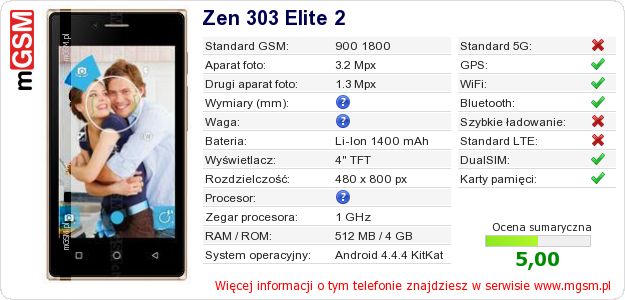 Dane telefonu Zen 303 Elite 2