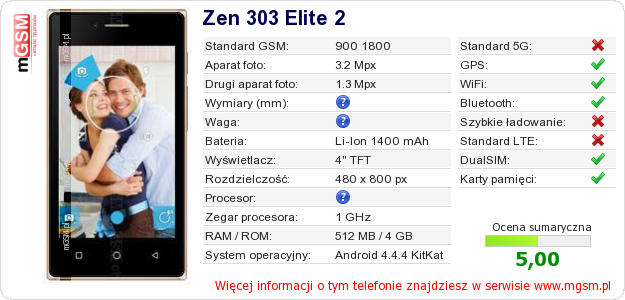 Dane telefonu Zen 303 Elite 2