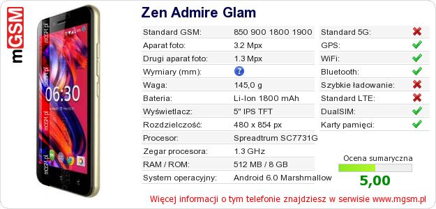 Dane telefonu Zen Admire Glam