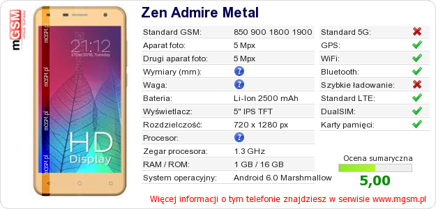 Dane telefonu Zen Admire Metal