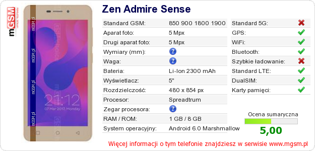 Dane telefonu Zen Admire Sense