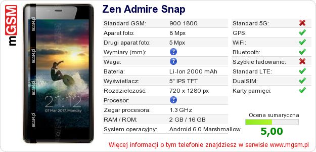 Dane telefonu Zen Admire Snap