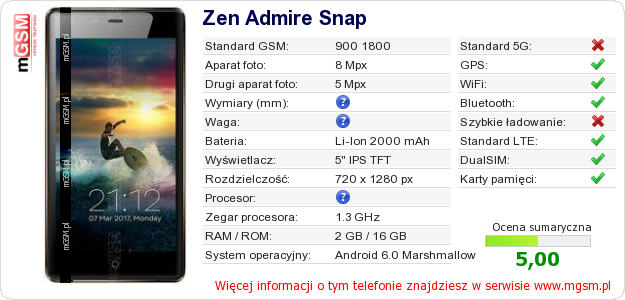 Dane telefonu Zen Admire Snap