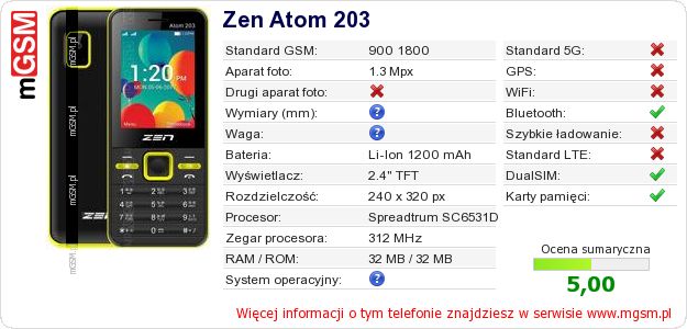 Dane telefonu Zen Atom 203