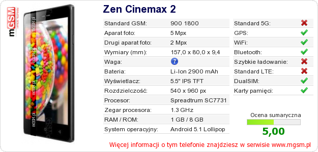 Dane telefonu Zen Cinemax 2 Dane telefonu Zen Cinemax 2