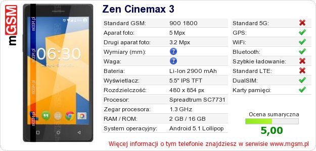 Dane telefonu Zen Cinemax 3 Dane telefonu Zen Cinemax 3