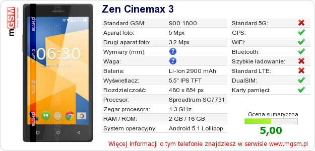 Dane telefonu Zen Cinemax 3