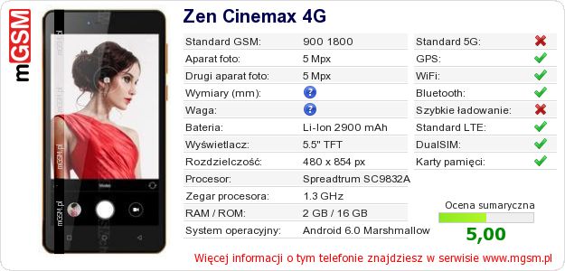 Dane telefonu Zen Cinemax 4G