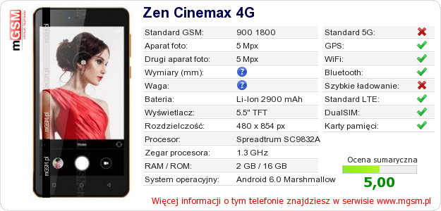 Dane telefonu Zen Cinemax 4G
