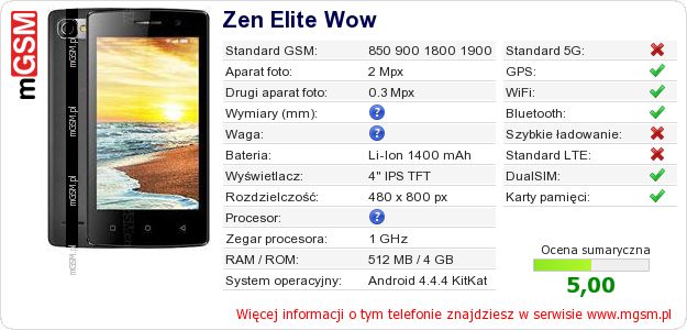 Dane telefonu Zen Elite Wow