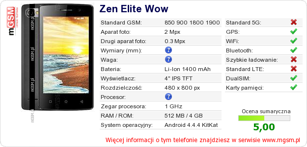 Dane telefonu Zen Elite Wow