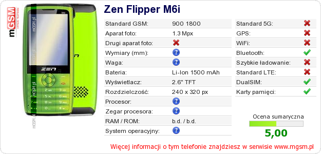 Dane telefonu Zen Flipper M6i