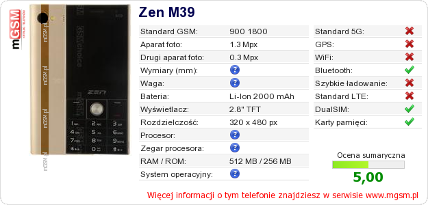Dane telefonu Zen M39 Dane telefonu Zen M39