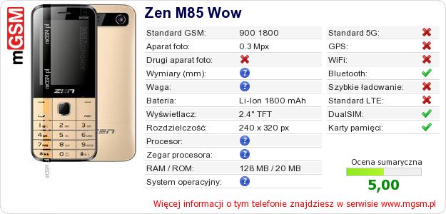 Dane telefonu Zen M85 Wow