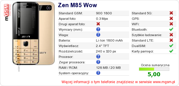 Dane telefonu Zen M85 Wow Dane telefonu Zen M85 Wow