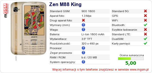 Dane telefonu Zen M88 King