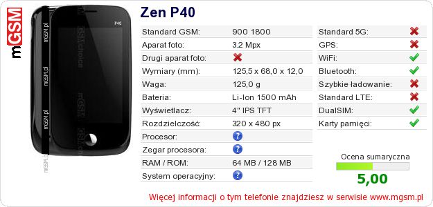 Dane telefonu Zen P40 Dane telefonu Zen P40