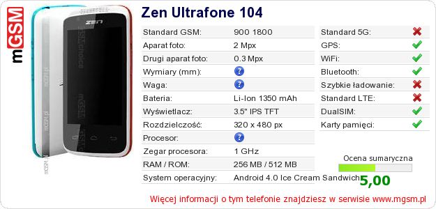 Dane telefonu Zen Ultrafone 104