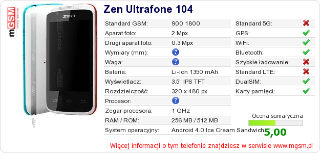 Dane telefonu Zen Ultrafone 104