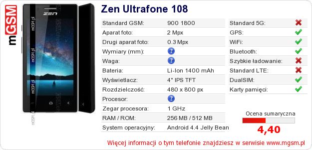 Dane telefonu Zen Ultrafone 108