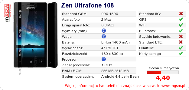 Dane telefonu Zen Ultrafone 108