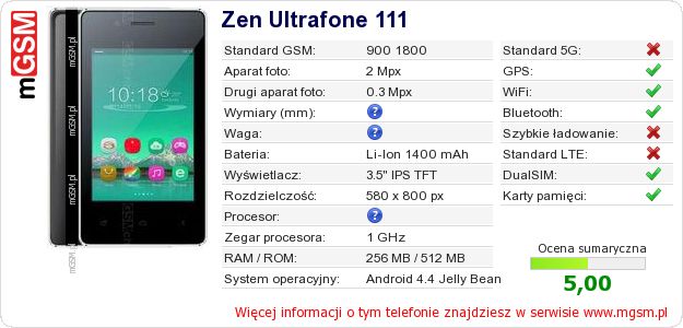 Dane telefonu Zen Ultrafone 111