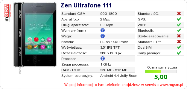 Dane telefonu Zen Ultrafone 111