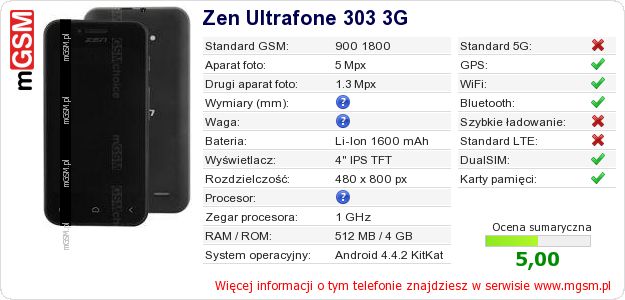 Dane telefonu Zen Ultrafone 303 3G Dane telefonu Zen Ultrafone 303 3G