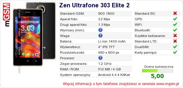 Dane telefonu Zen Ultrafone 303 Elite 2