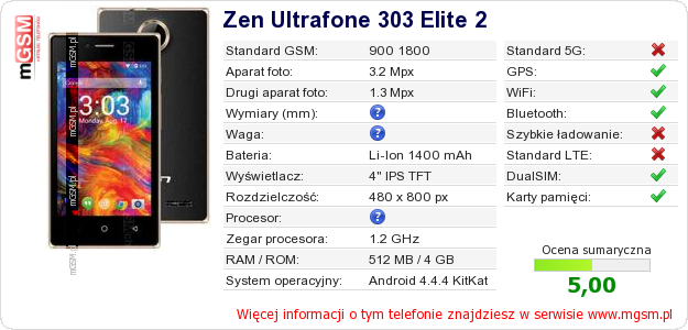 Dane telefonu Zen Ultrafone 303 Elite 2 Dane telefonu Zen Ultrafone 303 Elite 2