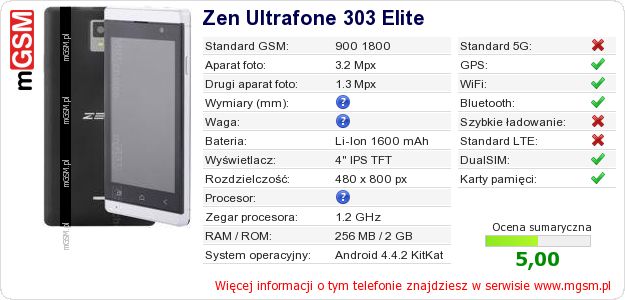 Dane telefonu Zen Ultrafone 303 Elite Dane telefonu Zen Ultrafone 303 Elite