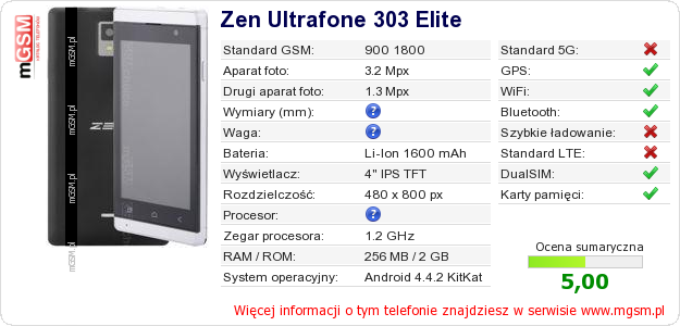 Dane telefonu Zen Ultrafone 303 Elite