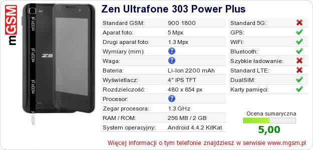 Dane telefonu Zen Ultrafone 303 Power Plus